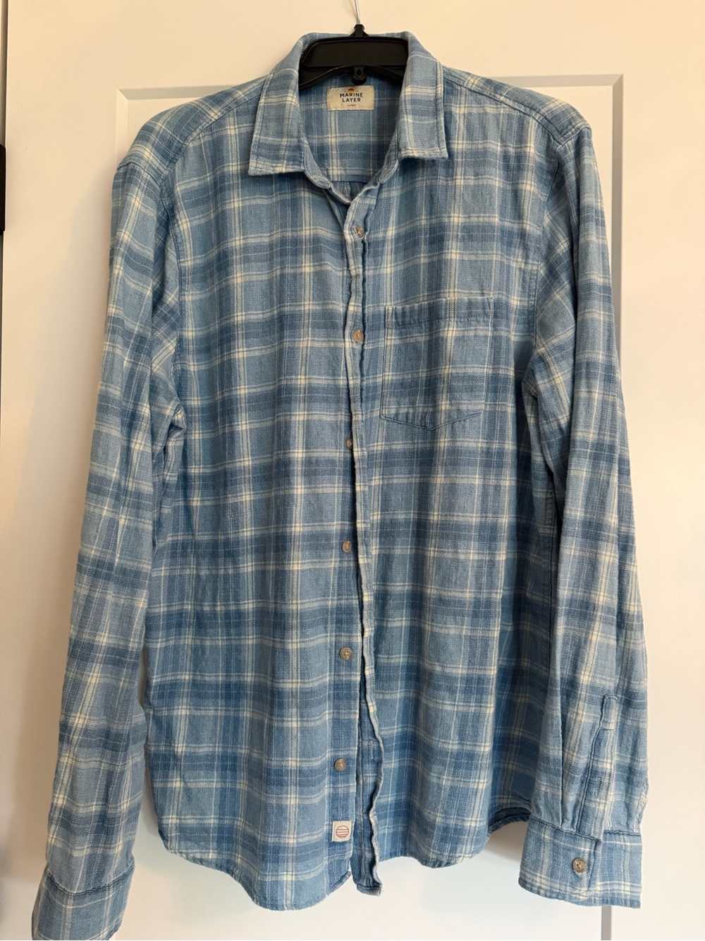 Marine Layer Men’s Plaid Button Down Shirt Large Blue Washed 100% Cotton